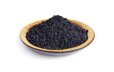 Seed of Nigella sativa or fennel flower, nutmeg flower, black caraway, Roman coriander, black cumin, blackseed, black caraway, Bunium persicum. Isolated