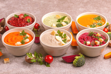 Variety of colorful tasty vegetables cream soups and fresh ingredients