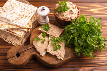 Homemade chicken liver pate with matzo and parsley