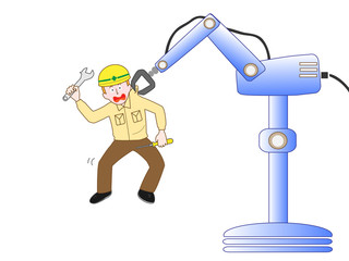 AIロボットが仕事をするようになり、不要になったエンジニアをつまみ出している。