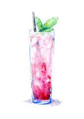 Cocktail with ice mint.Picture of a alcoholic drink.Watercolor hand drawn illustration.Isolated sketch.White background.