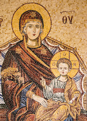 Byzantine mosaic of Madonna and Child, Preveli monastery, Crete island, Greece