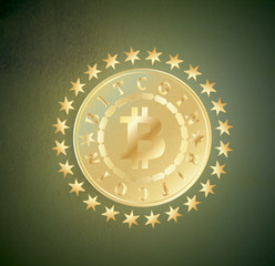 Golden bitcoin coin with chain, stars and name around. Crypto currency golden coin bitcoin symbol icon on textural dark green background. Realistic vector illustration.