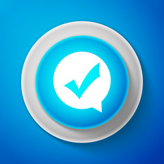 White Check mark in circle icon isolated on blue background. Choice button sign. Checkmark symbol. Circle blue button with white line. Vector Illustration