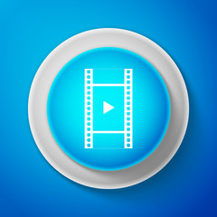 White Play Video icon isolated on blue background. Film strip with play sign. Circle blue button with white line. Vector Illustration