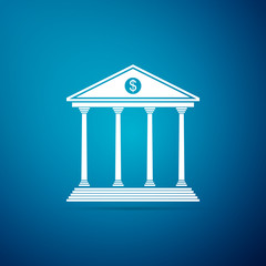 Obraz premium Bank building icon isolated on blue background. Flat design. Vector Illustration