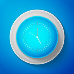 White Clock icon isolated on blue background. Time icon. Circle blue button with white line. Vector Illustration