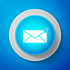 White Envelope with question mark icon isolated on blue background. Letter with question mark symbol. Send in request by email. Circle blue button with white line. Vector Illustration
