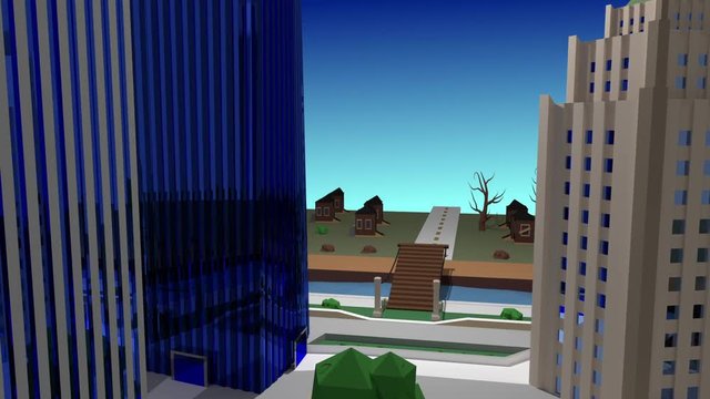 Stylized 3d City Fly Through of small metropolis surrounded by suburbs