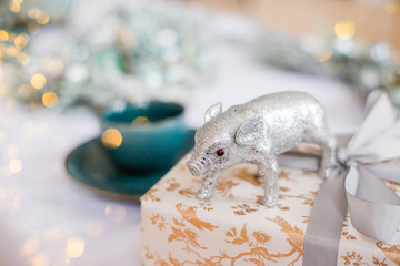 New Year's and Christmas! Christmas silver pig. Festive decorations and decorations.
