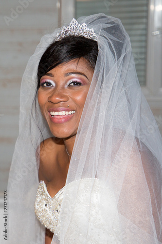Pretty Smile Black African American Bride Woman In Wedding Dress