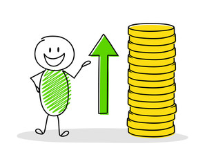 Cartoon businessman showing coin stack. Vector.