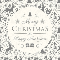 Merry Christmas - wishes with festive decorations and reindeers. Vector.