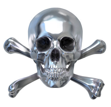 Metallic Human Skull with crossed bones on white background