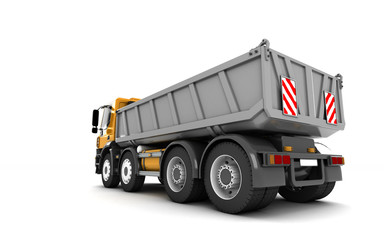 Rear view of the tipper isolated on white background. Perspective. Fish-eye lens. 3d illustration.