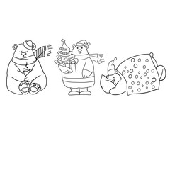 Set of black and white vector illustrations, polar bear, new year, christmas, greeting card