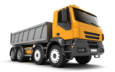 Wide angle front side view of the tipper isolated on white background. Right side view. Perspective. 3d illustration. © Evgenii Iakovenko