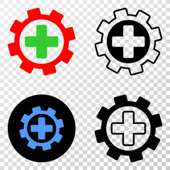 Medical service gear EPS vector icon with contour, black and colored versions. Illustration style is flat iconic symbol on chess transparent background.