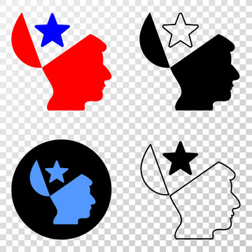 Open mind star EPS vector icon with contour, black and colored versions. Illustration style is flat iconic symbol on chess transparent background.