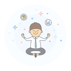 Concept of meditation for success. A friendly young business man meditating in lotus pose. Isolated vector illustration in line style.