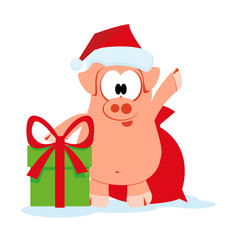 Happy new year. pig with Christmas santa’s red cap. 
