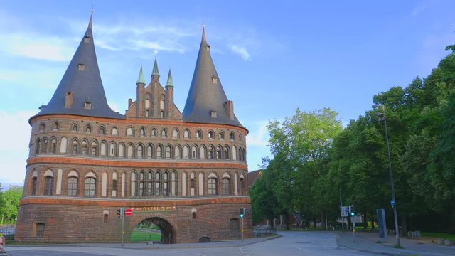 Historical Holstentor City Gate. View at sunny day. Lubeck