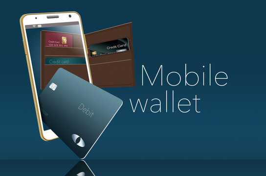 Mobile wallet is illustrated here with a leather wallet and credit cards are in and around a cell phone