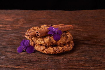 cookies and spring blue flowers. Healthy morning breakfast concept. Minimalist. selective focus