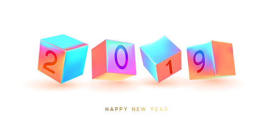2019 New Year number cubes. Minimal abstract art with geometric shapes stylish background with 3d elements cube. Fashion poster, banner, card design vector illustration