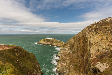 White lighthouse at South Stack.