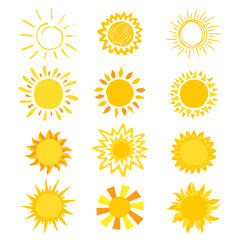 Sun vector sunny icon with yellow sunlight and sunshine emoticon illustration set of bright sunburst weather sunset or sunrise sign isolated on white background