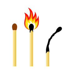 Matches on fire. Lighted match and burned match. Vector illustration