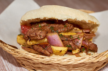 homemade meat sandwich, lomo saltado
