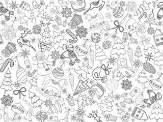 Seamless pattern of hand drawn doodle style Christmas related objects isolated on white background. Vector illustration.