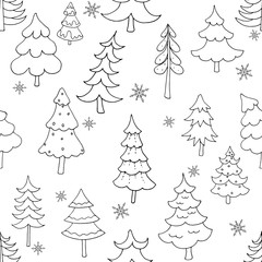 Seamless pattern of hand drawn doodle style Christmas trees isolated on white background. Vector illustration.