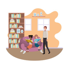 father and daughters sitting in couch avatar character