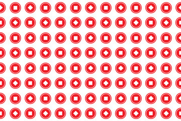 Chinese coins, background seamless pattern. Texture asian shape of money in red color.