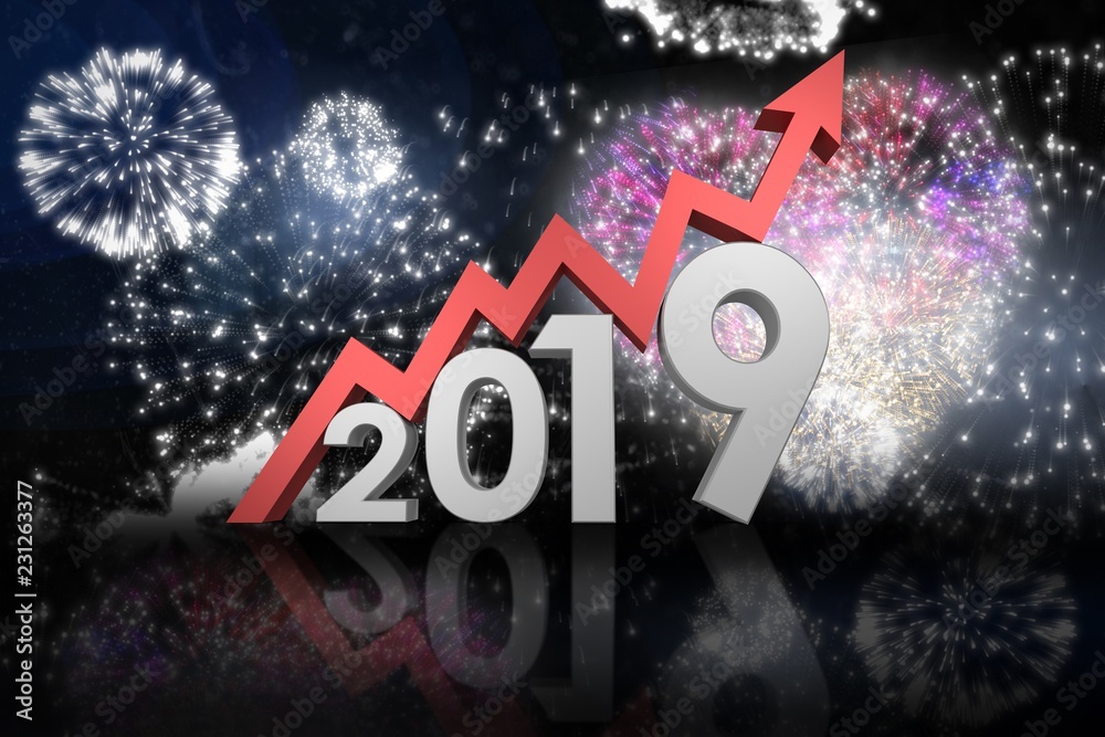 Poster composite image of three dimensional numbers with red arrow