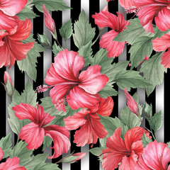 Seamless pattern with watercolor hibiscus flowers on abstract white black geometric background.