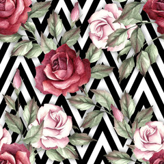 Seamless pattern with watercolor roses on abstract white black geometric background. - 231263577