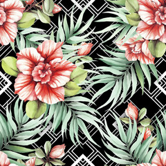 Seamless pattern with watercolor Azalea flowers on abstract white black geometric background. - 231263737