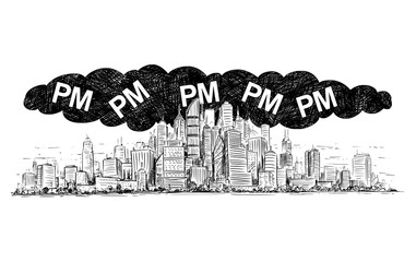 Vector artistic pen and ink drawing illustration of high rise building and smog covering the city. Environmental concept of particulate matter or PM air pollution.