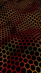 Honeycomb wave effect on a red yellow background. Perspective view on polygon look like honeycomb. Isometric geometry. Vertical image orientation. 3D illustration