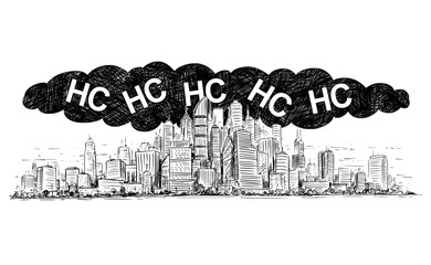 Plakat Vector artistic pen and ink drawing illustration of high rise building and smog covering the city. Environmental concept of toxic HC or hydrocarbon air pollution.