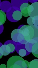 Multicolored translucent circles on a dark background. Vertical image orientation. 3D illustration