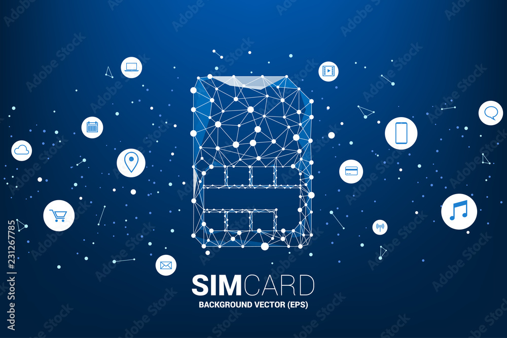 Poster Vector Polygon dot connect line shaped sim card icon with functional icon. Concept for function of mobile sim card technology  and network.