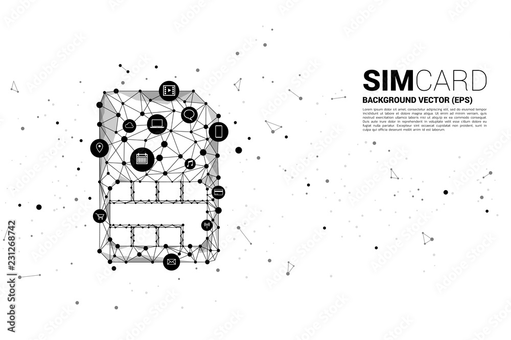 Aufkleber Vector Polygon dot connect line shaped sim card icon with functional icon. Concept for function of mobile sim card technology  and network.