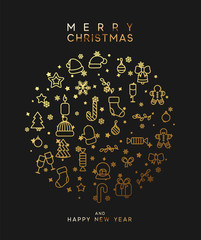 Merry Christmas and happy new year. Black background with festive gold linear style