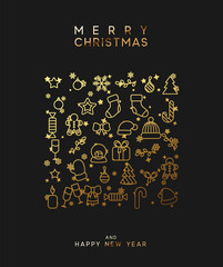 Fototapeta na wymiar Merry Christmas and happy new year. Black background with festive gold linear style