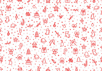 Winter seamless pattern background with red Christmas festive elements and objects in line art